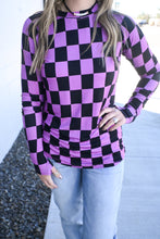 Load image into Gallery viewer, Blair Long Sleeve Top - Black and Purple Checkers