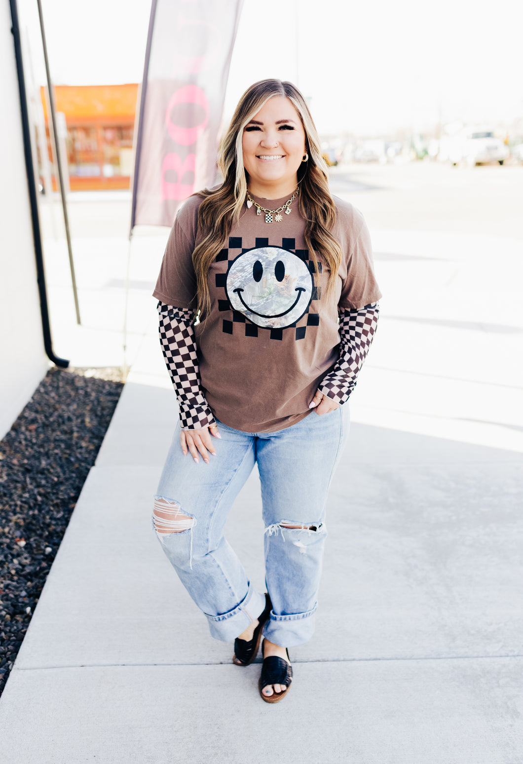 Camo Checkered Smiley Graphic Tee
