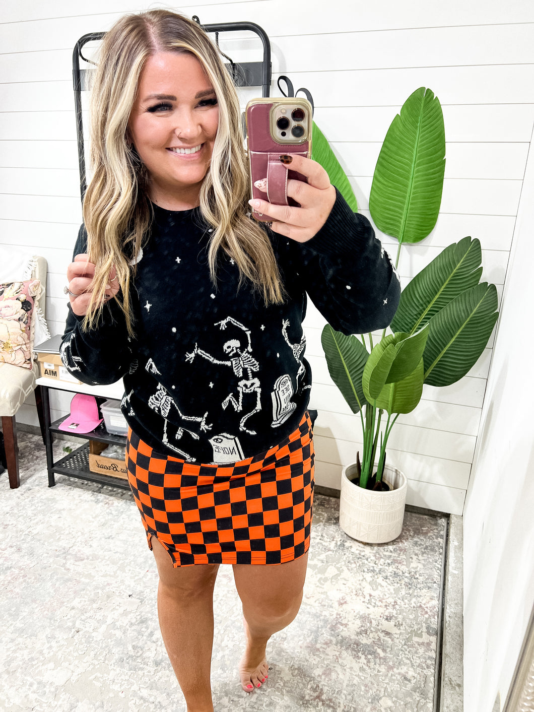 Orange/Black Checkerboard Mini Skirt
