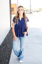 Load image into Gallery viewer, Navy Notch Flutter Sleeve Top