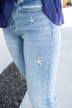 Load image into Gallery viewer, RISEN Mid Rise Flare Star Embroidery Jeans