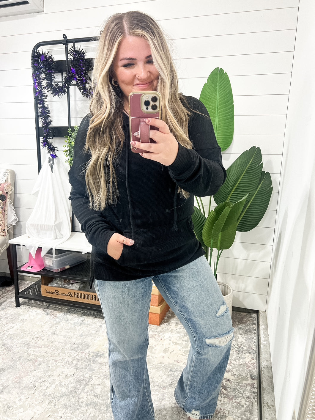 Kacey Ribbed Hoodie- Black