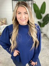 Load image into Gallery viewer, Cashmere Soft Button Sleeve Detailed Top In Royal Navy