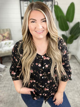 Load image into Gallery viewer, Decorative Button Front Blouse With Ruffle Sleeve Detail In Dark Rose Florals