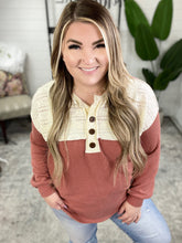 Load image into Gallery viewer, Lace Contrast Button Front Knit Top In Zinnia