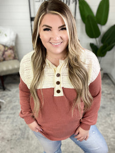 Lace Contrast Button Front Knit Top In Zinnia