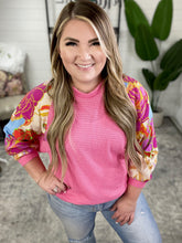Load image into Gallery viewer, Waffle Knit Top With Floral Sleeves In Pretty Pink