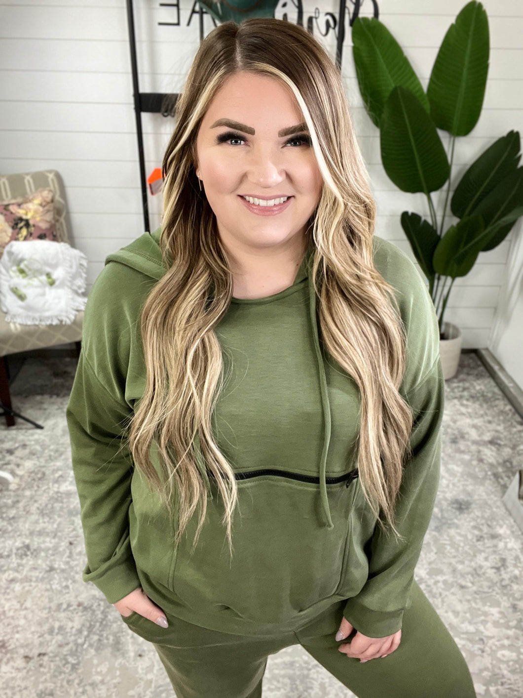 Kangaroo Hoodie with Zipper Pocket in Olive