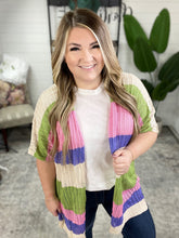 Load image into Gallery viewer, Striped Open Knit Cardigan In Pink, Green, Tan &amp; Blue
