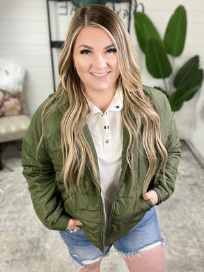 High Neck Zipper Dolman Sleeve Quilted Puffer Jacket in Olive