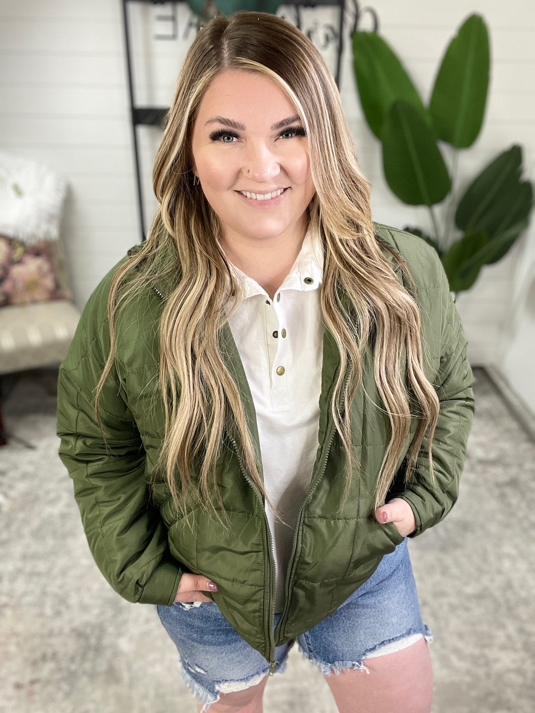 High Neck Zipper Dolman Sleeve Quilted Puffer Jacket in Olive