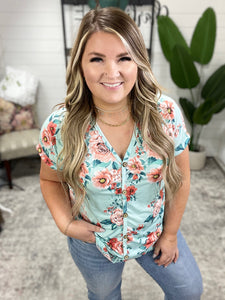 Decorative Button Front Top In Aqua Florals