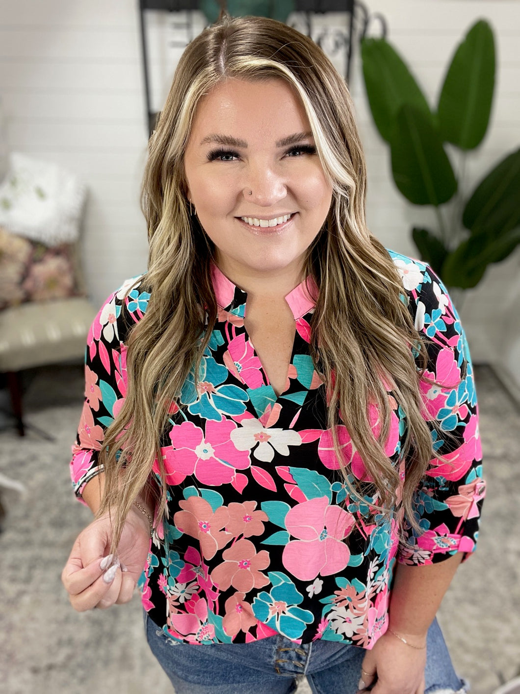 Neon Floral Black Gabby Top