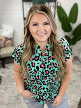 Load image into Gallery viewer, Lizzy Cap Sleeve Top in Mint and Pink Leopard