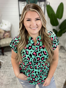 Lizzy Cap Sleeve Top in Mint and Pink Leopard