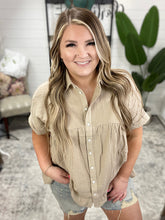 Load image into Gallery viewer, Gauze Button Down Babydoll Blouse in Taupe