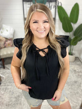 Load image into Gallery viewer, Gauze Keyhole Neckline Flutter Sleeve Blouse in Black