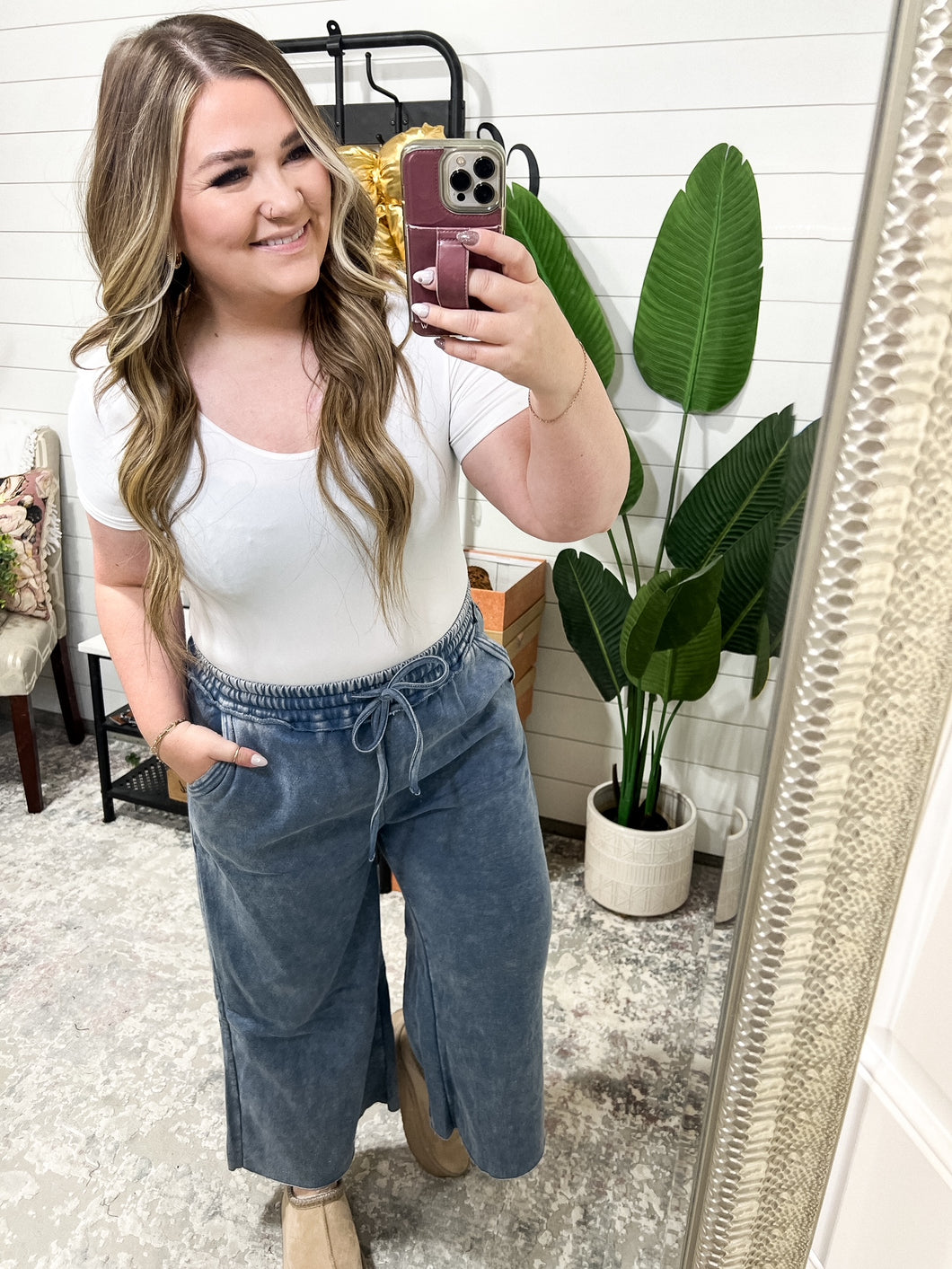 In or Out Wide Leg Cropped Pants in Dusty Blue