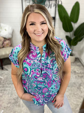Load image into Gallery viewer, Lizzy Cap Sleeve Top in Magenta and Teal Paisley