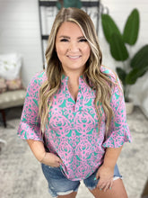Load image into Gallery viewer, Lizzy Bell Sleeve Top in Mint and Pink Damask