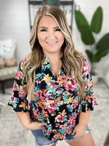 Lizzy Bell Sleeve Top Black and Teal Tropical Floral
