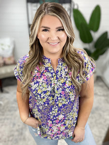 Lizzy Cap Sleeve Top in Lavender and Lime Ditsy Floral