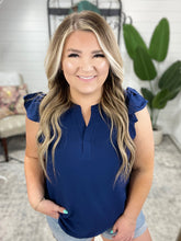 Load image into Gallery viewer, Crinkle Split Neckline Flutter Sleeve Top in Navy
