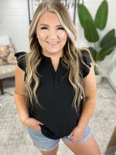 Load image into Gallery viewer, Crinkle Split Neckline Flutter Sleeve Top In Black