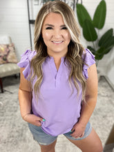 Load image into Gallery viewer, Crinkle Split Neckline Flutter Sleeve Top in Lavender