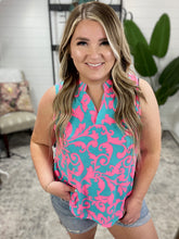 Load image into Gallery viewer, Lizzy Tank Top in Aqua and Pink Filigree