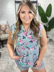 Lizzy Flutter Sleeve Top in Grey and Mint Floral
