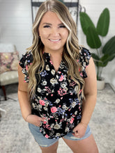 Load image into Gallery viewer, Lizzy Flutter Sleeve Top in Black and Muted Pink Floral