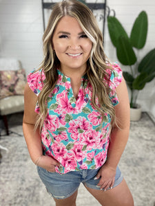 Lizzy Flutter Sleeve Top in Mint and Pink Floral