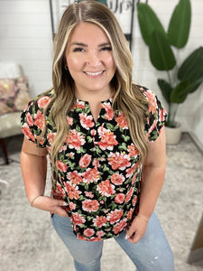 Lizzy Cap Sleeve Top in Black and Coral Floral