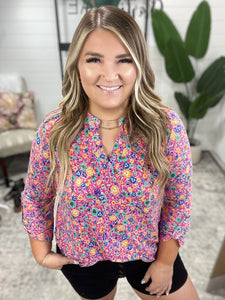 Lizzy Top in Hot Pink and Turquoise Ditsy Floral