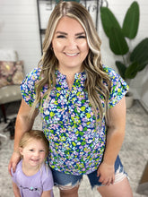 Load image into Gallery viewer, Lizzy Cap Sleeve Top in Royal and Pink Wildflower