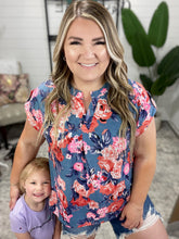 Load image into Gallery viewer, Lizzy Cap Sleeve Top in Dusty Blue and Coral Roses