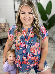 Lizzy Cap Sleeve Top in Dusty Blue and Coral Roses