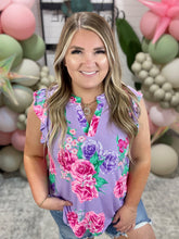 Load image into Gallery viewer, Lizzy Flutter Sleeve Top in Lavender and Hot Pink Bouquet