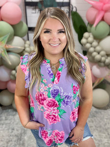 Lizzy Flutter Sleeve Top in Lavender and Hot Pink Bouquet