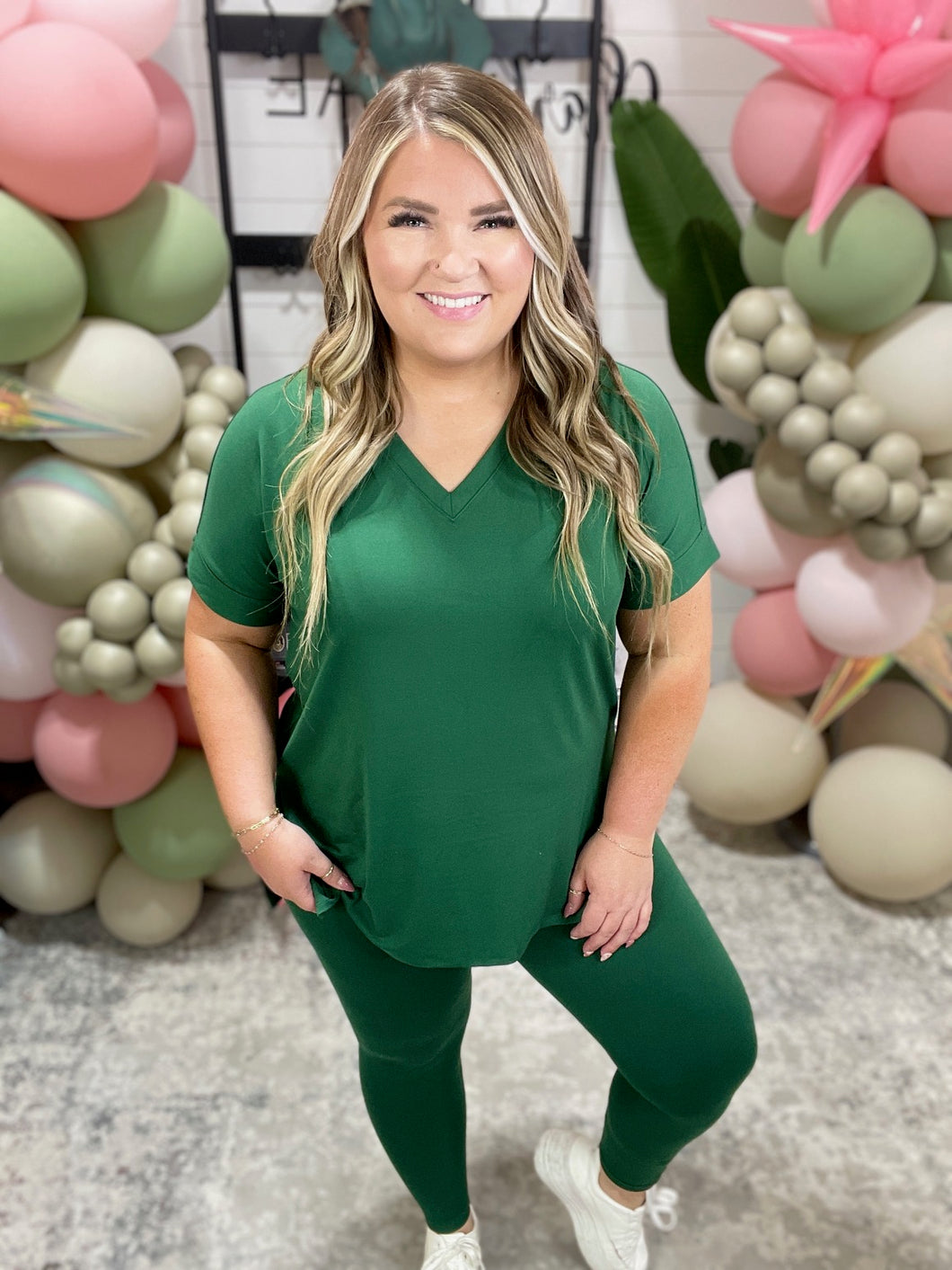 Brushed V- Neck Short Sleeve & Leggings Set