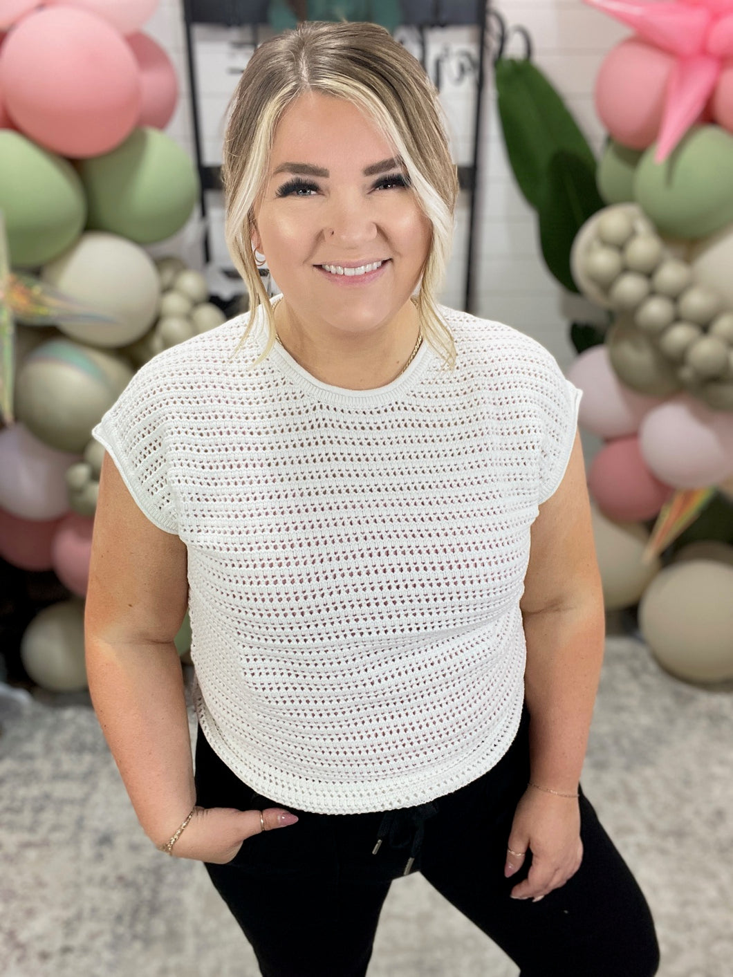 Here for More Open Knit Cap Sleeve Sweater