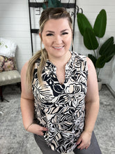 Load image into Gallery viewer, Sleeveless Gabby Front Top In Tropical Black, Pale Pink &amp; White Florals