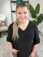 Load image into Gallery viewer, V Neck Stretchy Blouse Top With Button Sleeve Detail In Black