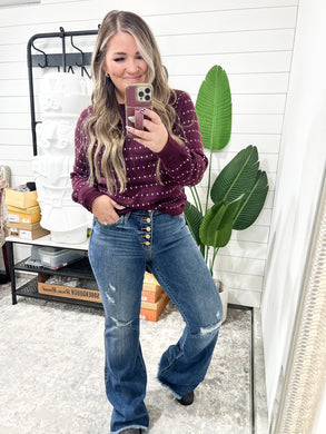 Marion Mid Rise Button Fly Flare with Destroy Fray Hem