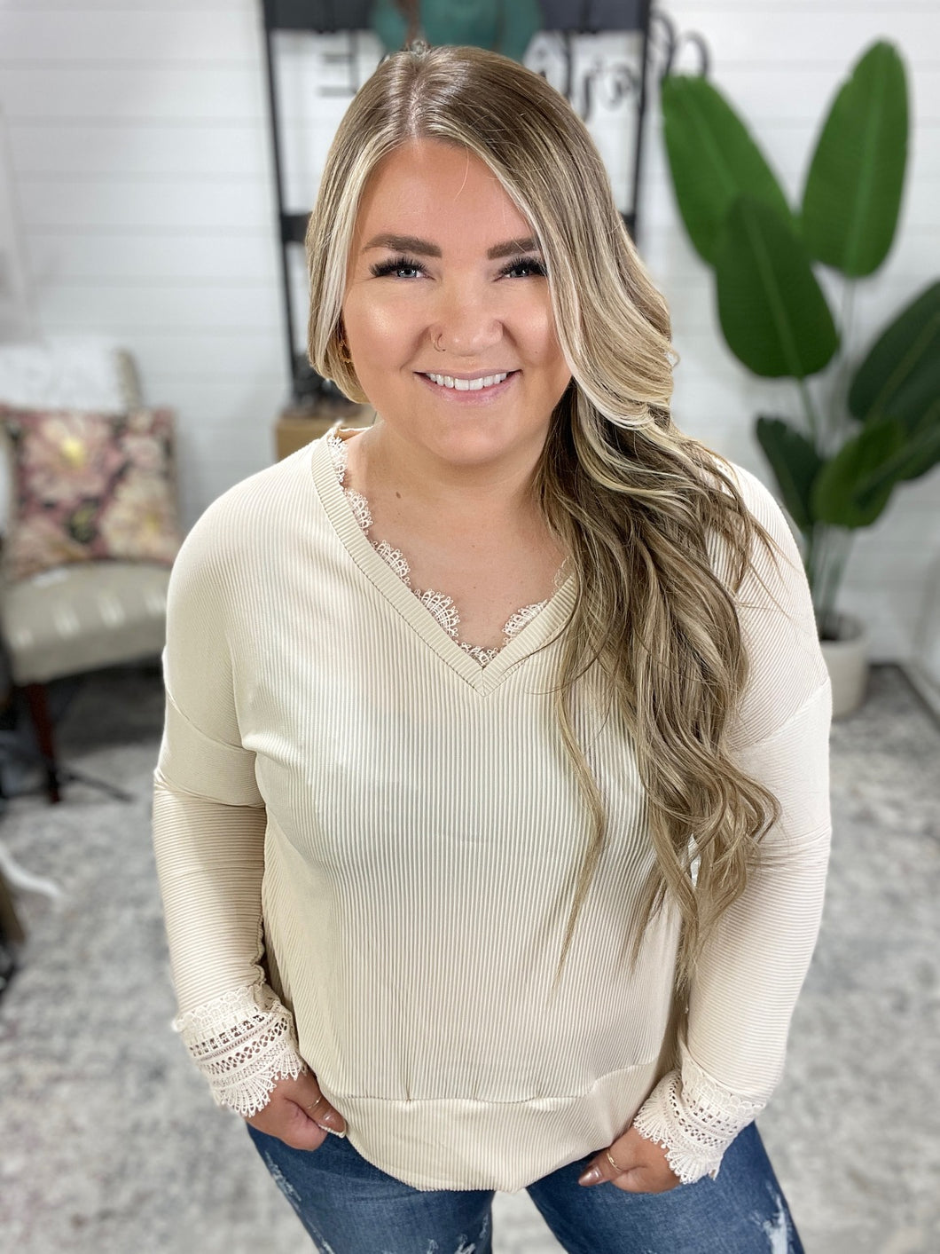 Piqued Interest Lace Trim V Neck Top