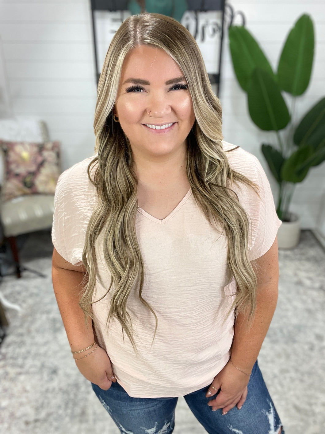 Frequently Asked Questions V-Neck Top in Blush