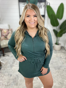 Getting Out Long Sleeve Hoodie Romper in Smoked Spruce