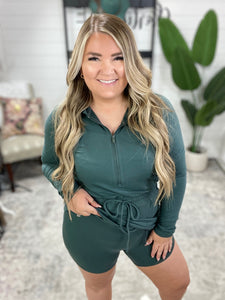 Getting Out Long Sleeve Hoodie Romper in Smoked Spruce