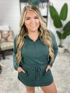Getting Out Long Sleeve Hoodie Romper in Smoked Spruce